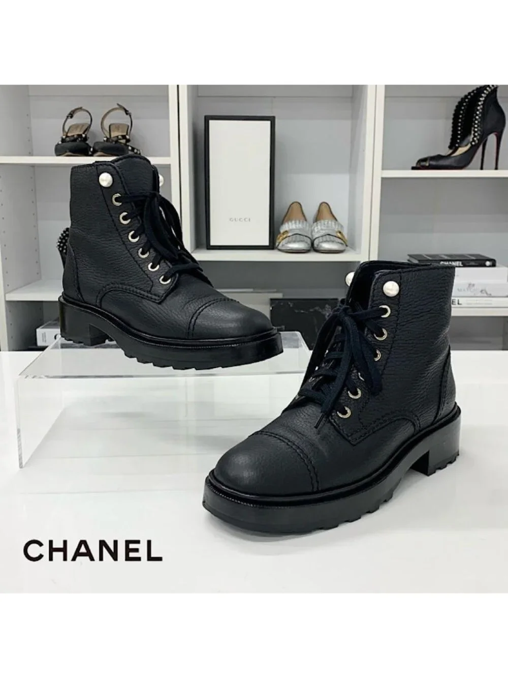 Chanel CC Logo Leather Pearl Lace-up Short Boots Black